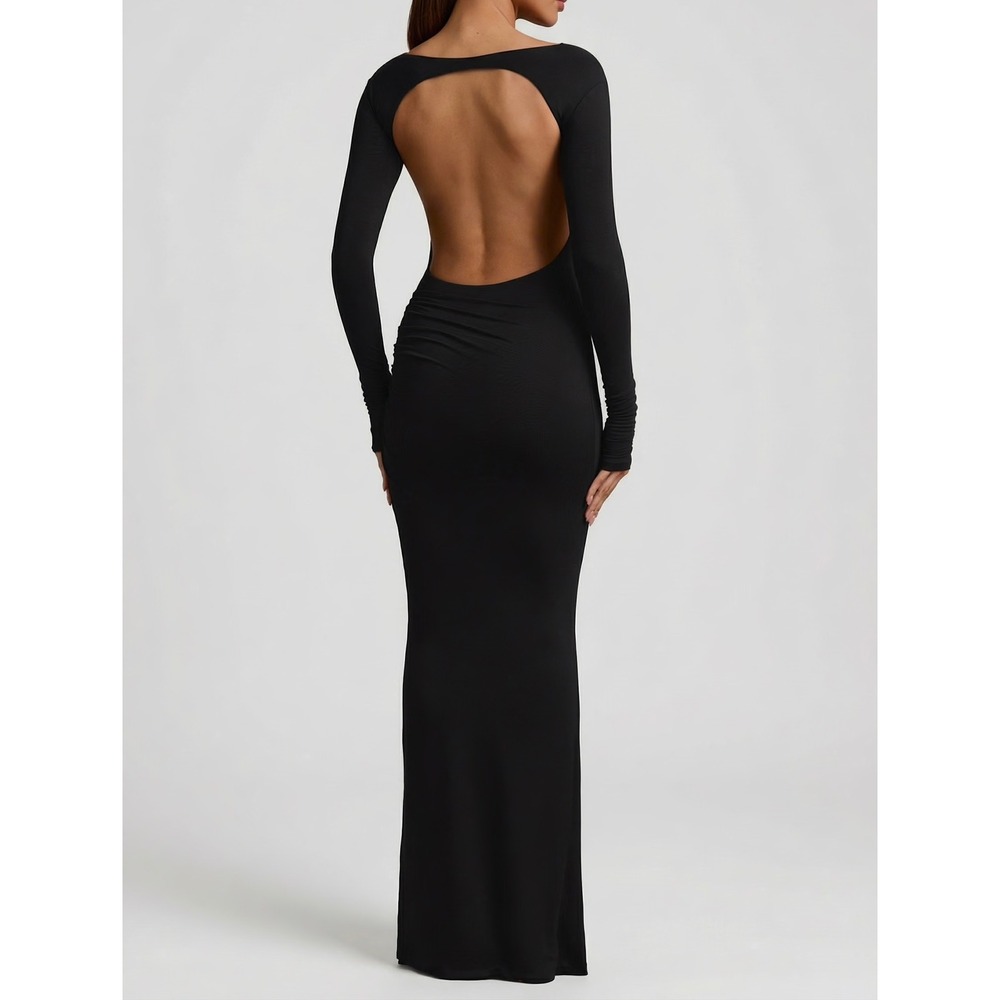 Oh Polly Black Long Sleeve Open Back Maxi Dress XS  Ruched Modal Formal New